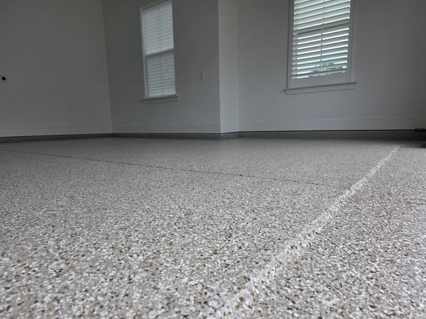 Two-car residential garage with multi-tone flake epoxy floor, view two, Mooresville NC