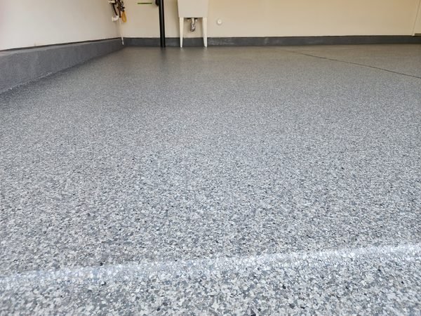 Alena Dube's finished grey-flake epoxy garage floor by LKN Garage Epoxy, Mooresville NC
