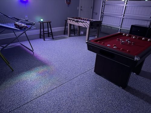 Patsy and Paul's glow-in-the-dark flake epoxy garage floor, game room conversion, Mooresville NC