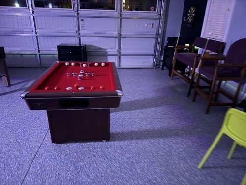 Patsy and Paul's epoxy garage floor with flake finish, game room view, Mooresville NC