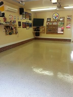 Dale Muckinhoupt's garage floor after epoxy installation, finished flake floor, Denver NC